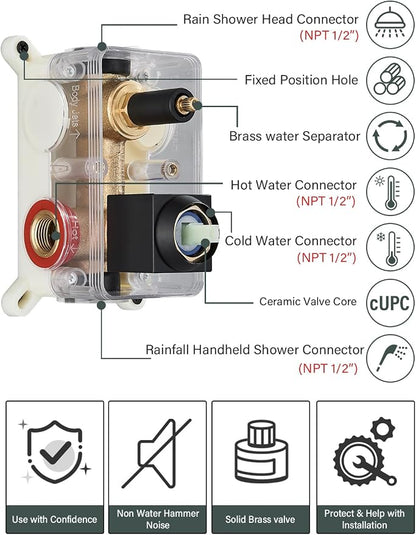 Matte Black Shower Faucets Sets Complete with 16" High Pressure LED Rainfall Shower Head and Handheld Spray Ceiling Mount Shower System Rough-in Valve Body and Trim Included