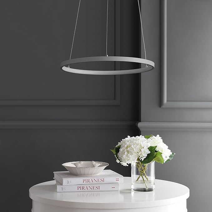 JONATHAN Y 15.75" Gray Modern Integrated LED Pendant Light, Dimmable Round Hoop Chandelier for Kitchen Island, Dining Room, Adjustable Height Metal Hanging Light (JYL7202E)