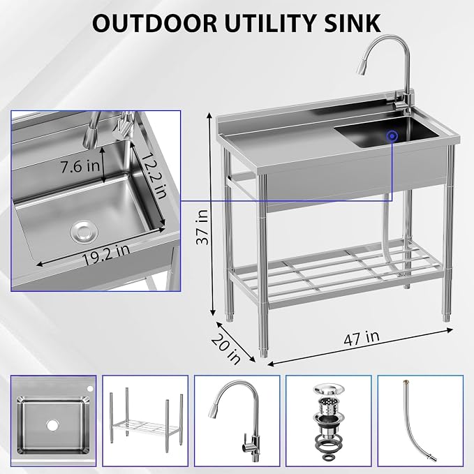 Garvee Stainless Steel Utility Sink, Commercial Kitchen Single Bowl Sink with Cold and Hot Water Faucet, Hoses and Drain Kit, Storage Shelf for Kitchens, Bathrooms, Garage, Laundry Room