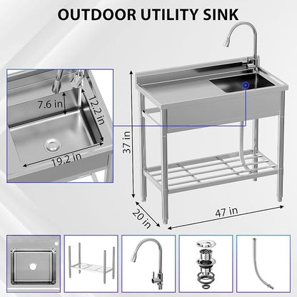Garvee Stainless Steel Utility Sink, Commercial Kitchen Single Bowl Sink with Cold and Hot Water Faucet, Hoses and Drain Kit, Storage Shelf for Kitchens, Bathrooms, Garage, Laundry Room