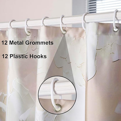Elegant Floral Shower Curtain, Modern Minimalist White Flower and Gold Accents on Taupe Fabric Bathroom Decor, Waterproof & Washable Shower Curtain Set with Hooks, 72x72 Inch