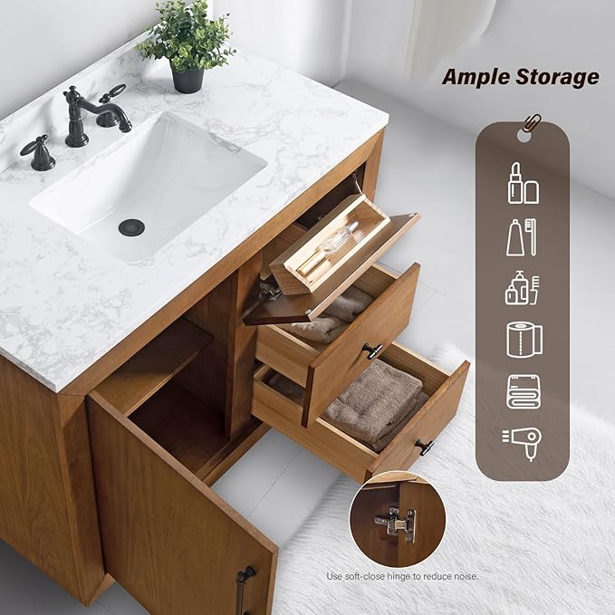 HOMEBEYOND 42" Bathroom Vanity with Single Sink & Ceramic Top, MDF Material Vanity Cabinet with Basin Combo, Soft-Closing Doors, Removable Shelf, Backsplash,Tan