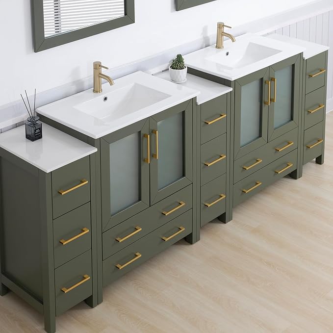 Vanity Art 96 Inch Under Mount Double Sink Bathroom Vanity Cabinet with 2 Mirrors, Ceramic Top Bathroom Cabinet Compact Set with 13 Dovetail Storage Drawers and Golden Brushed Handles, VA3030-96-VG