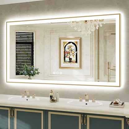 66x36 Inch LED Bathroom Mirror with Lights (Front Lit and Backlit) Gold Framed Lighted Vanity Mirror for Bathroom Wall Dimmable Anti-Fog Memory Tempered Glass Horizontal/Vertical