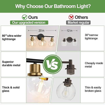 3-Light Bathroom Light Fixtures, Black and Gold Bathroom Lights Over Mirror with Clear Glass Globe Shade, Vanity Lights for Bathroom Kitchen Living Room Hallway Cabinet Bedroom Porch