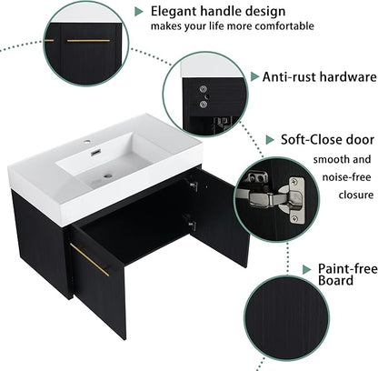 36 Inch Floating Bathroom Vanity,36" Bathroom Vanity with Sink,Modern Single Sink Bathroom Vanity Combo,Black Wall Mounted Cabinet Set