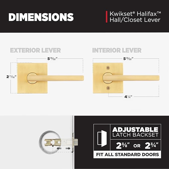 Kwikset Halifax Slim Square Passage Door Lever, Modern Interior Hallway and Closet Door Handle, Non-Locking Reversible Leverset, Satin Brass Finish