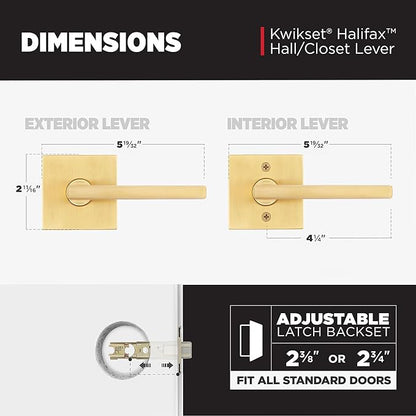 Kwikset Halifax Slim Square Passage Door Lever, Modern Interior Hallway and Closet Door Handle, Non-Locking Reversible Leverset, Satin Brass Finish