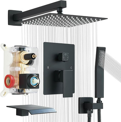 Matte Black Shower System with Tub Spout,All Metal Bathtub Shower Faucet Set With 10-Inch High Pressure Rainfall Head and Handheld Sprayer,Wall Mount for Bathroom Remodel