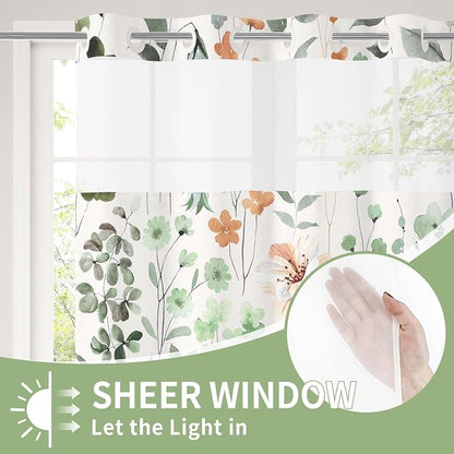 No Hook Sage Green Watercolor Floral Shower Curtain and Liner Set, 36x74 | Spring Flower Shower Curtains with Snap-in Liner for Farmhouse Bathroom Decor, Botanical Bathroom Curtain with Leaves