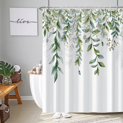 AWERT Green Mixed Light Blue Plant Shower Curtain with 12 Hooks Decorative Sage Green Shower Curtain for Bathroom Waterproof Fabric 72x84inch