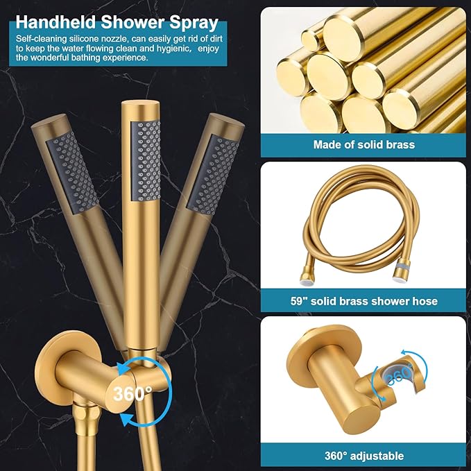 Brushed Gold Shower Faucet Set, Bathroom Rainfall Shower System Fixture 10 Inch High Pressure Round Rain Shower Head with Handheld Sprayer Combo Wall Mount with cUPC Certified Rough-in Valve