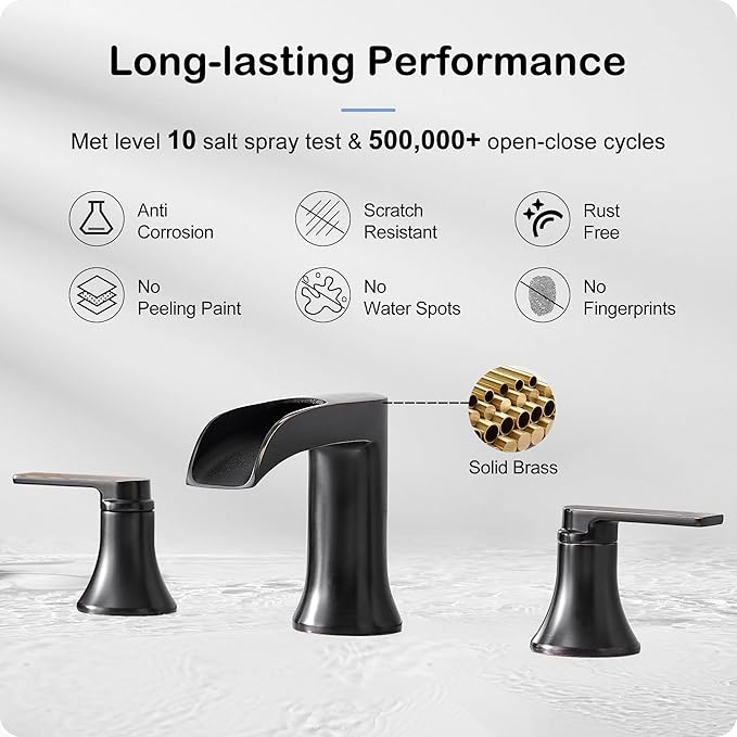 Oil Rubbed Bronze Waterfall Bathroom Faucet 2 Handle, 8 Inch Widespread Bathroom Sink Faucet 3 Hole with Supply Lines, Brass Material for Vanity, Lavatory, Restroom, Farmhouse, NO Pop-up Drain