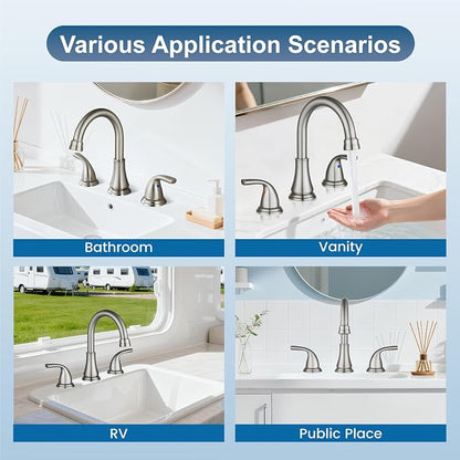 Brushed Nickel Widespread Bathroom Sink Faucet, 3 Hole 8 Inch | Modern Bathroom Faucet 3-Hole,2 Handles,Pop-Up Drain & Supply Lines,Deck Mount Vanity Faucet,1.2 GPM,SUS304 Stainless Steel