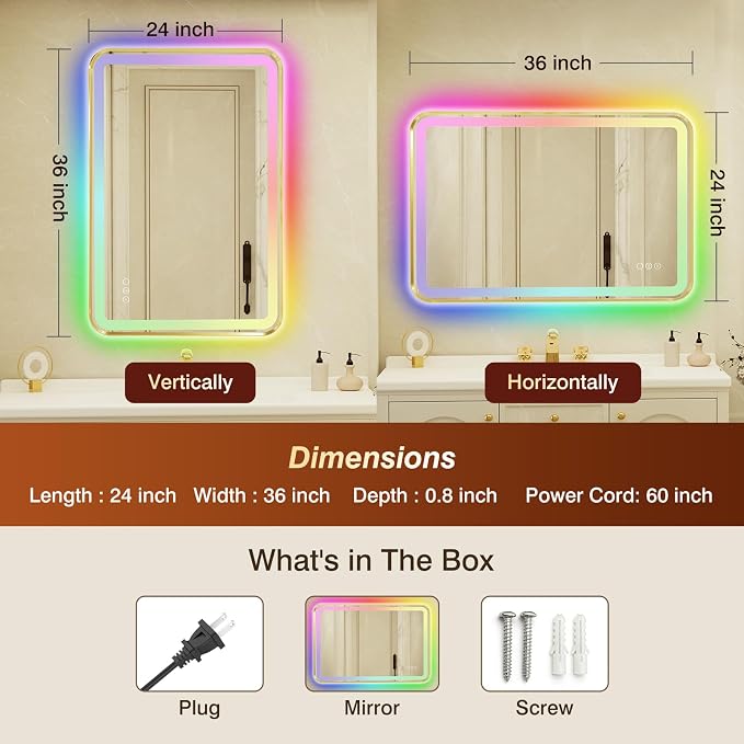 24x36 Inch Gold Framed LED Bathroom Mirror with Lights,Smart Bathroom Mirror,RGB,Anti-Fog,Stepless Dimmable & 3 Colors,Memory,Vanity Mirror for Wall