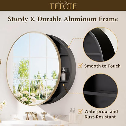 TETOTE Gold Round Bathroom Medicine Cabinet with Mirror 24 x 24 Metal Framed Medicine Cabinet with Storage Adjustable Shelves Farmhouse Wall Mirror with Storage Surface Mounted