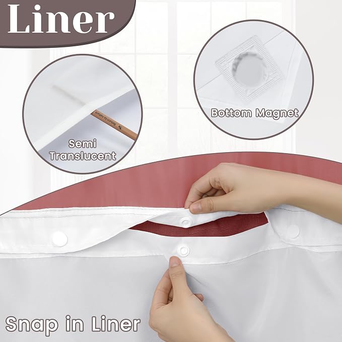 SORTTO No Hook Slub Shower Curtain with Liner, 71x74, Burgundy | Snap in Liner, 3 in 1, Bamboo Texture, Hotel Style, Waterproof Fabric, Mesh Top Window, Corner Magnets, Machine Washable