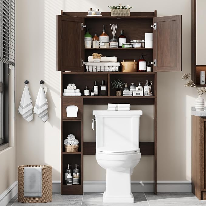 Vabches Farmhouse Over The Toilet Storage Cabinet with Barn Door, Espresso | Storage Cabinet Over Toilet, Home Space-Saving Toilet Rack, for Bathroom, Restroom, Laundry