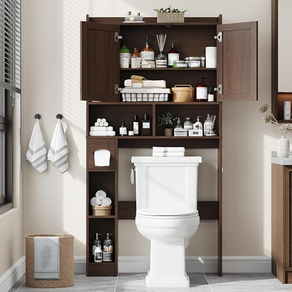 Vabches Farmhouse Over The Toilet Storage Cabinet with Barn Door, Espresso | Storage Cabinet Over Toilet, Home Space-Saving Toilet Rack, for Bathroom, Restroom, Laundry