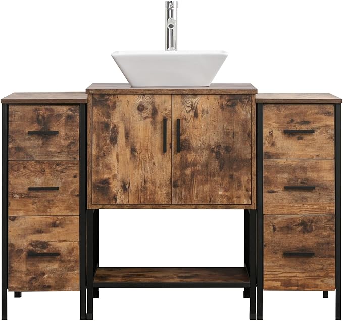 UEV 48" Antique Bathroom Vanity, Dark Brown Bathroom Vanity Set with Sink and 3 Drawers Side Cabinet Combo, Iron Wood Bathroom Cabinet with Adjustable Water Temperature Faucet (A07)