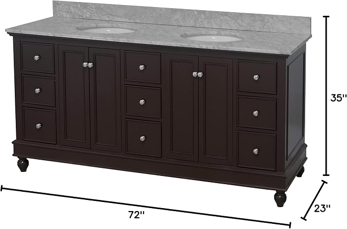 Bella 72-inch Double Bathroom Vanity (Chocolate/Carrara): Includes Chocolate Cabinet with Authentic Italian Carrara Marble Countertop and White Ceramic Sinks