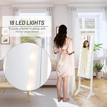 Moccha 18 LEDs Standing Jewelry Armoire, Large Lockable Jewelry Organizer, Mirrored Jewelry Cabinet with Full Length Mirror, 1 Inside Makeup Mirror, 4 Storage Shelves, 16 Lipstick Holders, White
