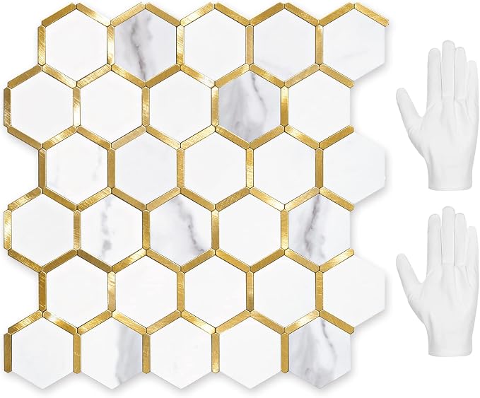 STICKGOO Hexagon Peel and Stick on Backsplash for Kitchen and Bathroom, White Marble Look PVC Mixed Metal Gold Self Adhesive Metal Mosaic Tiles(10 Sheets, Seamless)