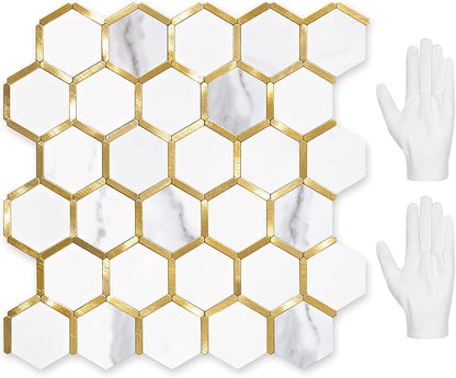 STICKGOO Hexagon Peel and Stick on Backsplash for Kitchen and Bathroom, White Marble Look PVC Mixed Metal Gold Self Adhesive Metal Mosaic Tiles(10 Sheets, Seamless)