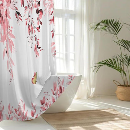 No Hook Shower Curtain and Liner Set, Pink Eucalyptus 71x84 | Floral Design, with Snap in Liner, See-Through Top Window, Waterproof, Machine Washable, Quick-Drying, for Hotel Bathroom
