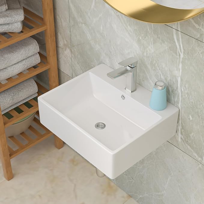 Lordear Floating Bathroom Sink Wall Mounted 21"x16" Bathroom Vessel Sinks Free Standing Wall Hung Sink Rectangle White Porcelain Ceramic Vessel Art Basin