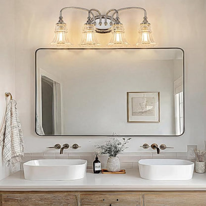 4-Light Vintage Bathroom Light Fixtures, Chrome | Vanity Lights Over Mirror with Floral Glass Shade for Bathroom Powder Room, Living Room Hallway