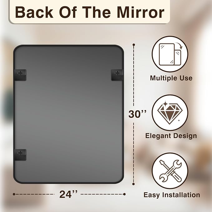Vanity Bathroom Mirror, 30”x24” Black Bathroom Mirror for Over Sink | HD Tempered Glass, Anti-Rust Frame, Vertical or Horizontal, Wall Mirrors for Bathroom Sink, Living Room, Entryway, Bedroom