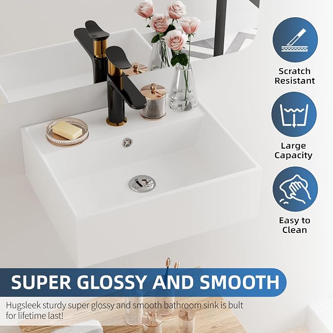 Floating Bathroom Vessel Sink Wall Mount, Hugsleek 16 x 13 inch Rectangle White Porcelain Ceramic Vessel Sink Wall Mounted Hang Bath Sink Bowl Basin Lavatory Vanity Restroom With Faucet Hole Overflow