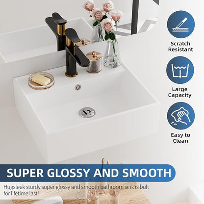 Floating Bathroom Vessel Sink Wall Mount, Hugsleek 16 x 13 inch Rectangle White Porcelain Ceramic Vessel Sink Wall Mounted Hang Bath Sink Bowl Basin Lavatory Vanity Restroom With Faucet Hole Overflow
