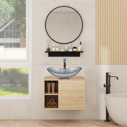 YOURLITE 24" Floating Bathroom Vanity with Sink, Wall-Mounted Bathroom Vanity and Sink Combo with Mirror and Faucet & Pop Up Drain Set Sliver Glass Boat Bathroom Sink