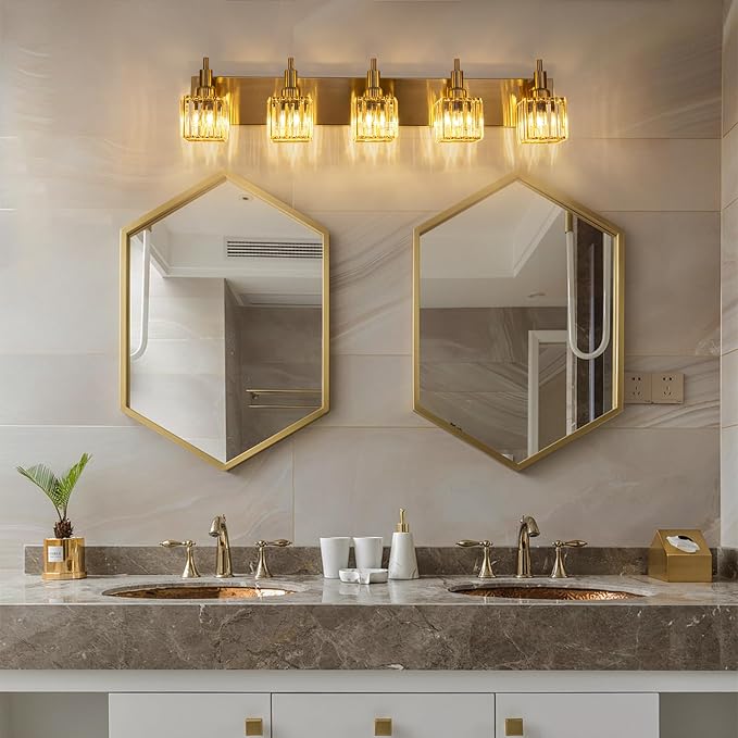 Gold Bathroom Vanity Lights, 5 Lights Crystal Bathroom Lighting Fixtures Over Mirror Modern Gold Crystal Wall Light