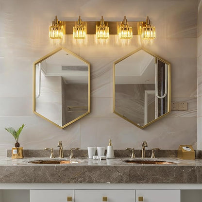 Gold Bathroom Vanity Lights, 5 Lights Crystal Bathroom Lighting Fixtures Over Mirror Modern Gold Crystal Wall Light