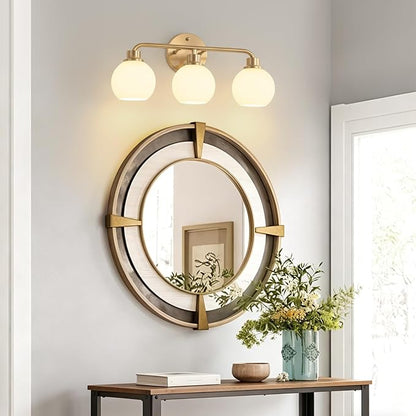 Bathroom Light Fixtures Gold Vanity Light 3 Light Brushed Brass | Wall Sconces Lighting with Milk Globe Glass Shades Bath Wall Lamp for Mirror Kitchen Living Room Bedroom Hallway