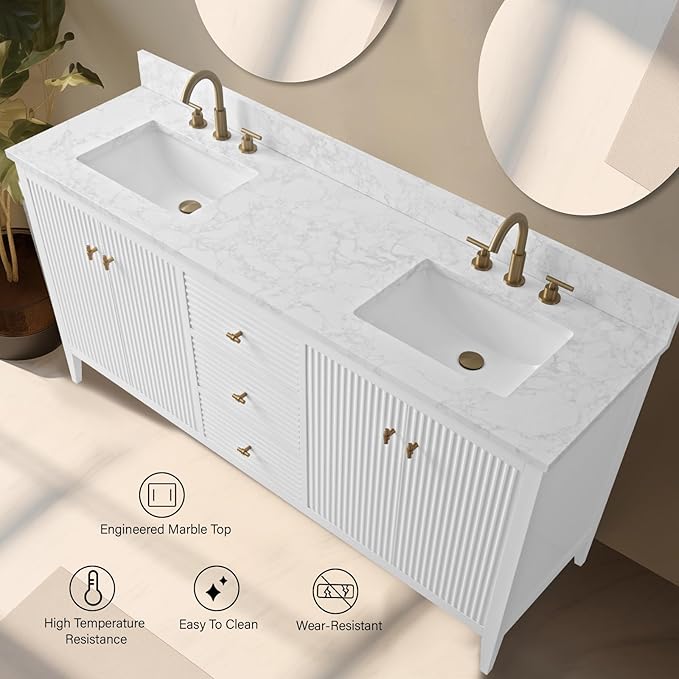 Vanity Art 72 inch Bathroom Vanity with Double Sink & Ceramic Top, Vanity Cabinet with Soft-Closing Door, Solid Wood Frame, Linear Pattern, White, Golden Brushed Handware VA91726-DW-GB