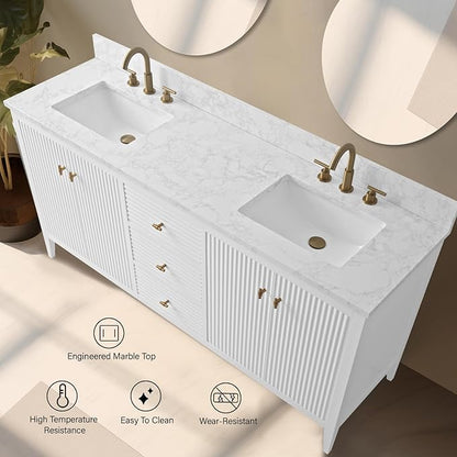 Vanity Art 72 inch Bathroom Vanity with Double Sink & Ceramic Top, Vanity Cabinet with Soft-Closing Door, Solid Wood Frame, Linear Pattern, White, Golden Brushed Handware VA91726-DW-GB