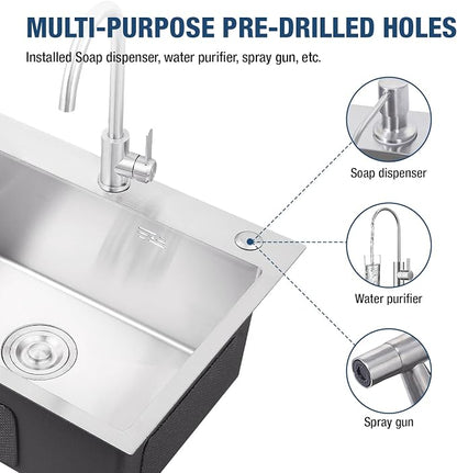 23.6 x 17.7 Inch Kitchen Sink Drop in, Stainless Steel Nano-Coating Kitchen Sinks, 8" Deep Single Bowl Sink with Basket & Drain Kit
