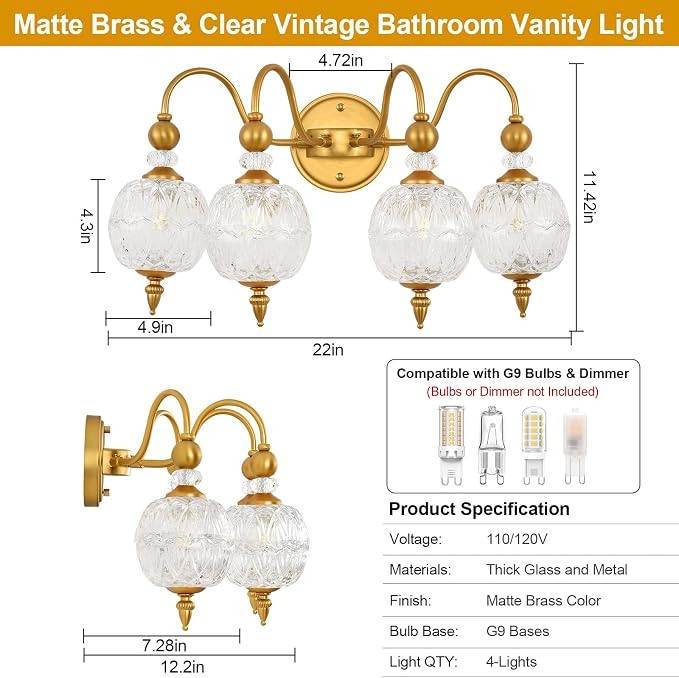 Vintage 4-Light Bathroom Vanity Light Over Mirror, Matte Brass | 22in Wide Farmhouse Bathroom Decor, Ribbed Glass Shades, G9 base, Wall Mounted, Mid Century Wall Sconces Vanity Lighting
