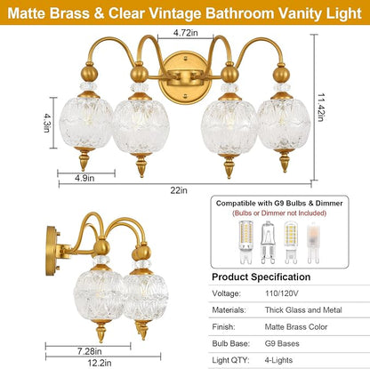 Vintage 4-Light Bathroom Vanity Light Over Mirror, Matte Brass | 22in Wide Farmhouse Bathroom Decor, Ribbed Glass Shades, G9 base, Wall Mounted, Mid Century Wall Sconces Vanity Lighting