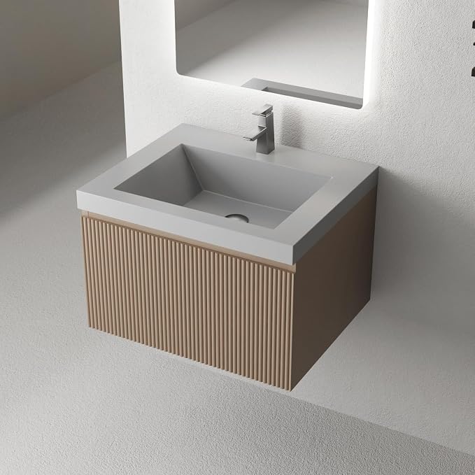 24 Inch Floating Bathroom Vanity with Sink, Wall-Mounted Striped Storage Cabinet with Soft-Close Drawer, Glossy White Solid Surface Basin, Fully Assembled, Natural Oak Finish