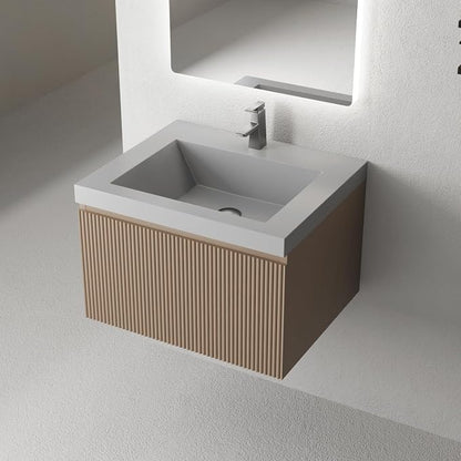 24 Inch Floating Bathroom Vanity with Sink, Wall-Mounted Striped Storage Cabinet with Soft-Close Drawer, Glossy White Solid Surface Basin, Fully Assembled, Natural Oak Finish