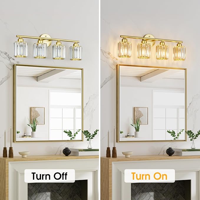 Modern 4 Light Crystal Vanity Light, Gold Vertical Bathroom Light Fixture Over Mirror for Dressing Table Sink, Compatible with Dimmable Bulbs (Bulbs Not Included)