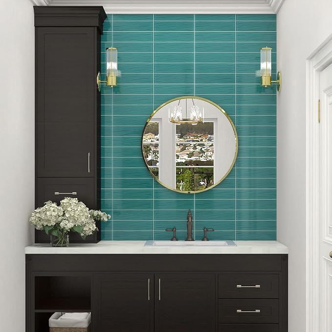 Aquamarine Water Wave Glass Subway Tile, 3 x 12 Inch, 4 Sq Ft, Backsplash for Bathroom Kitchen Wall, Green, 16-Pack