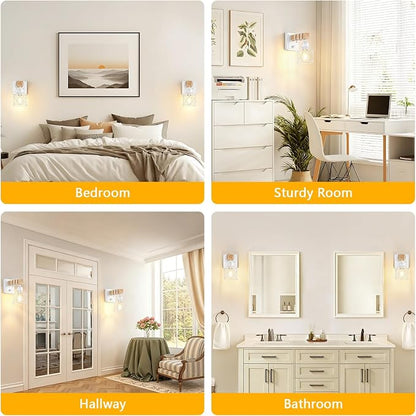 FadimiKoo Wall Sconces Set of Two, Farmhouse Hardwired White Wall Lamps with Wooden Arm & On/Off Dimmable Switch, Modern Bathroom Light Fixtures with Metal Shade for Living Room, Hallway, Bedroom