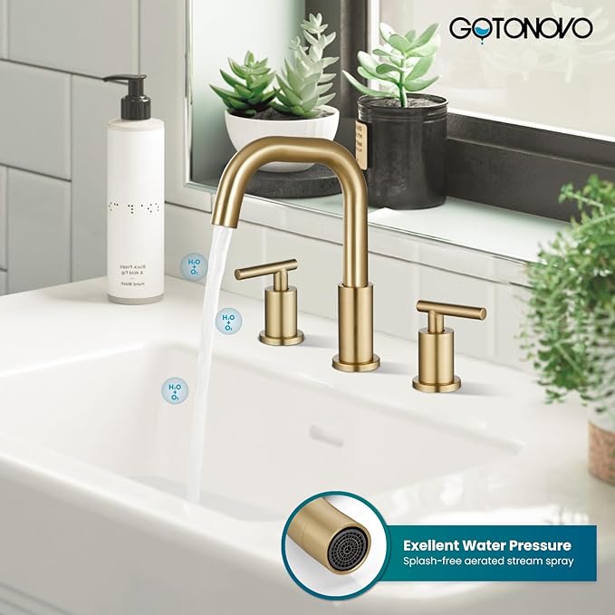 gotonovo 8 Inch Widespread Bathroom Sink Faucet 3 Hole 2 Handles Lavatory Basin with Pop Up Drain with Hot and Cold Mixer Valves Modern Brushed Gold