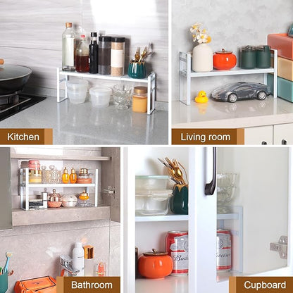 Small Expandable Medicine Cabinet Shelf, 3.58” Wide Metal Storage Stand with Adjustable Layers & Non-Slip Pads for Kitchen, Pantry, & Bathroom – White